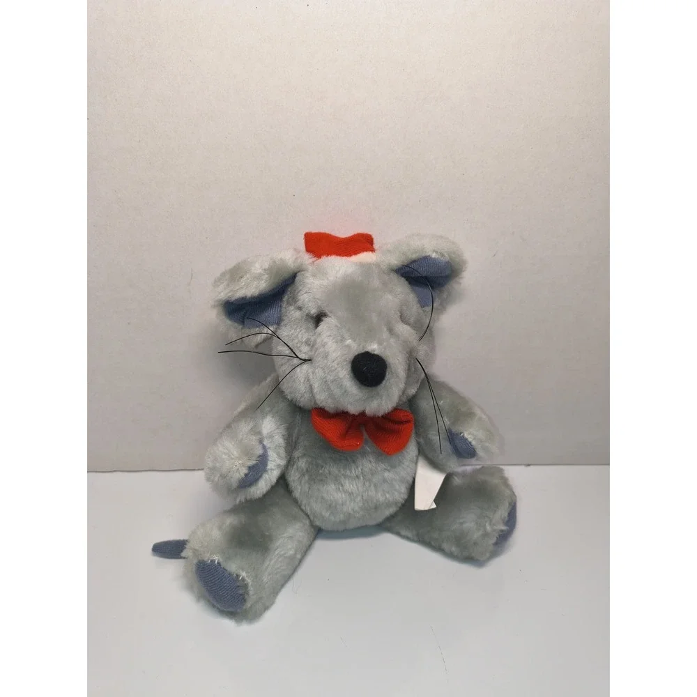 Vintage Gray Christmas Mouse Jointed Posable Plush Stuffed Animal Soft Santa Hat